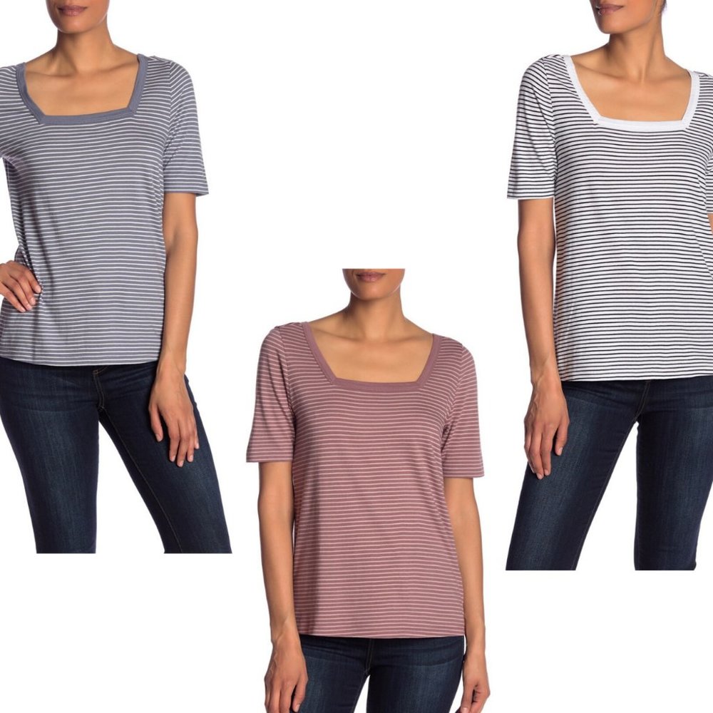 Susina Square Neck Short Sleeve Striped T-Shirt
